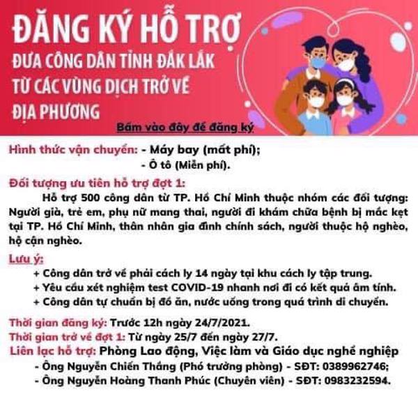 Rà soát, thống kê công dân của tỉnh Đắk Lắk hiện đang ở tại thành phố Hồ Chí Minh, tỉnh Đồng Nai, tỉnh Bình Dương có nhu cầu trở về tỉnh Đắk Lắk 